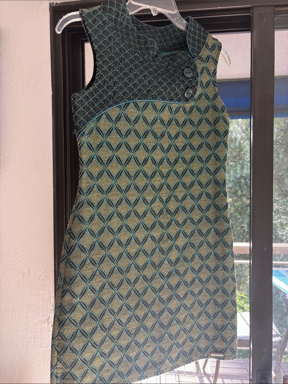 Sleeveless Geometric Jacquard Dress in Teal and Gold
